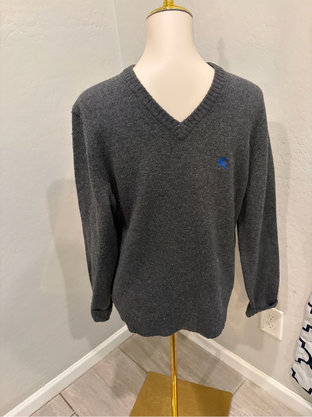 Express Men's‎ Charcoal V-Neck Sweater with Blue Logo